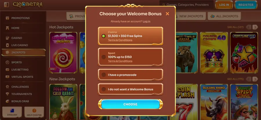 Paquete de bienvenida de bono de Cleobetra casino hasta 1500 $ y 350 giros gratis