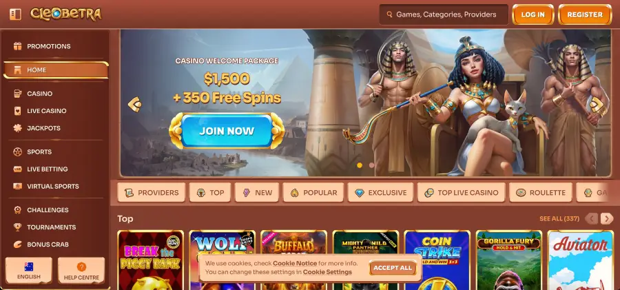 Cleobetra casino online lobby with pokies and table games