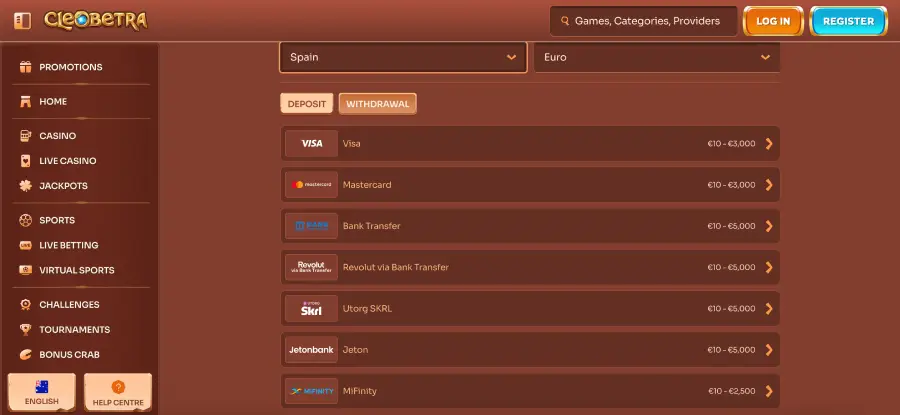 Cleobetra casino payment methods including cards, e-wallets and crypto